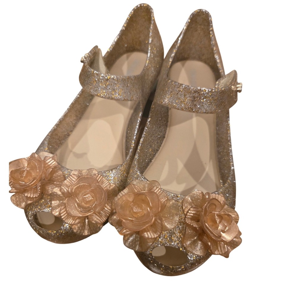 Mini Melissa Miniugarde Clear Glitter Gold Floral Jelly Mary Jane Shoes Size 12